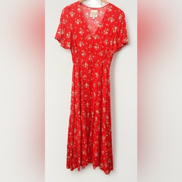 Sunday Mi Amor Dresses & Skirts - Anthropologie Sunday Mi Amor XS Red Floral V Neck long dress Extra small EUC
